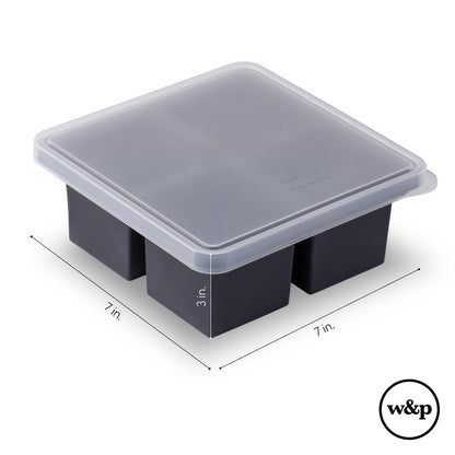 W&P - Bandeja de silicona para congelador con tapa, azul, hace 4 porciones perfectas de 1 taza, congelar y almacenar sopa, caldo, salsa, sobrantes, apto para lavaplatos, 4 tazas