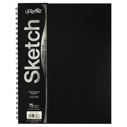 UCreate Cuaderno de Bocetos con Cubierta de Poliéster, Encuadernado en Espiral - Negro; 9" x 12"