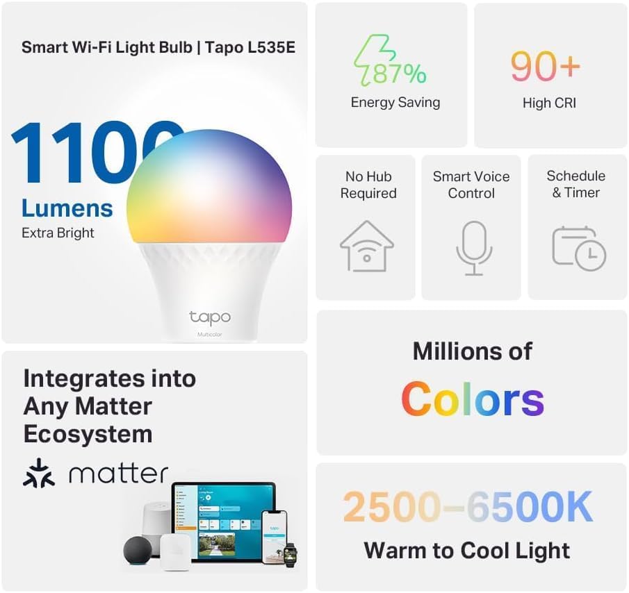 Tapo - Bombillas inteligentes de 1100 lúmenes (equivalente a 75 W), certificado Matter, foco WiFi de 16 M colores, regulable, funciona con Siri, Alexa y Google Home, A19 E26 (4 Pack)