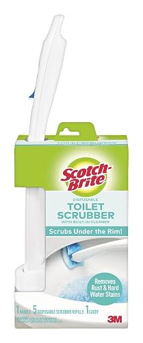 Scotch-Brite Disposable Toilet Scrubber Cleaning System with Built-in Bleach Alternative Cleaner, Easily Scrubs Under the Rim, 1-Handle with Storage Caddy + 5-Disposable Refills