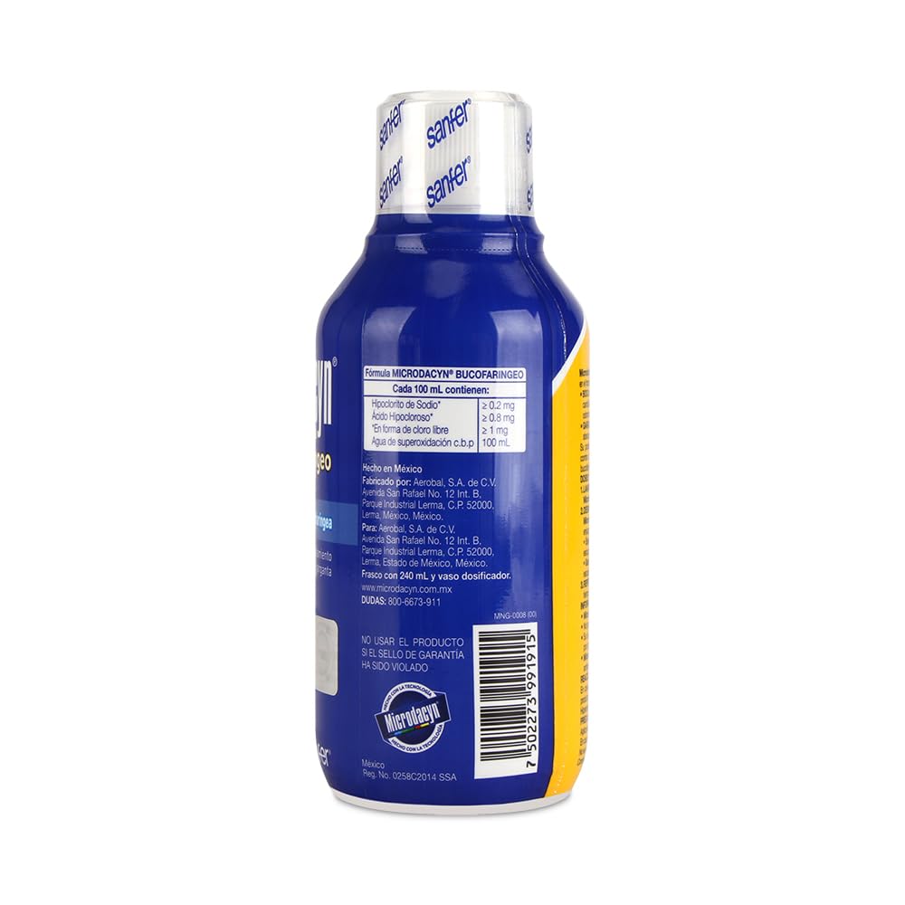 Microdacyn Bucofaríngeo Antiséptico Bucal Enjuague Gargarismos Sin Alcohol | Enjuague y gargarismos para boca y garganta, alivia gingivitis, amigdalitis y candidiasis, sin alcohol, 240Ml