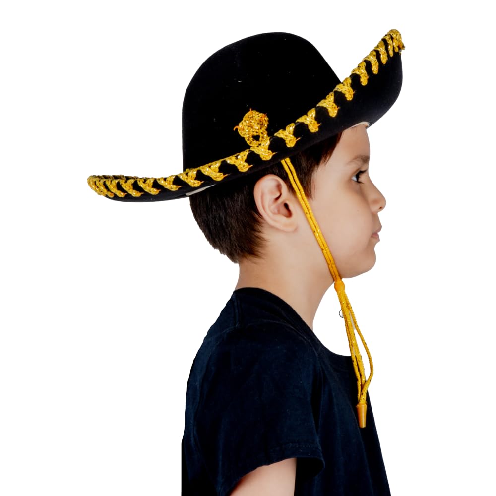 REV Sombrero de Charro Oro Chico Niño Sombrero Mexicano Tradicional Disfraz Charro Infantil para Fiestas Patrias Halloween Carnaval Eventos Culturales Accesorio Mexicano