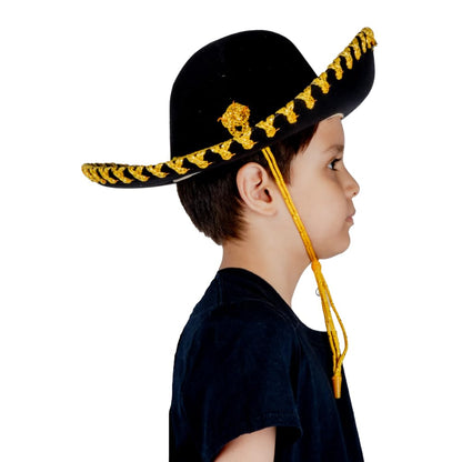 REV Sombrero de Charro Oro Chico Niño Sombrero Mexicano Tradicional Disfraz Charro Infantil para Fiestas Patrias Halloween Carnaval Eventos Culturales Accesorio Mexicano