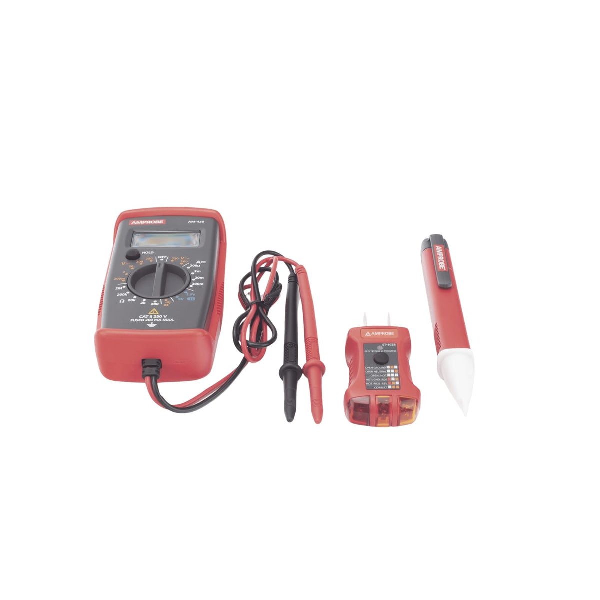 Amprobe PK-110 Kit Prueba Eléctrica Residencial: Multímetro AM-420 + Detector NCV VP-1000 + Probador Tomas ST-102B con GFCI Mide AC/DC hasta 300 V