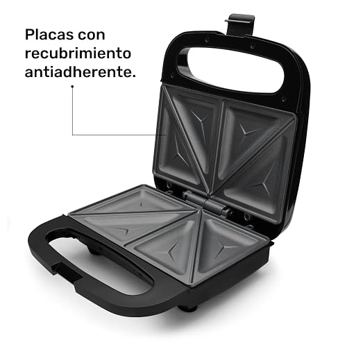 TAURUS COSMOS | Sandwichera antiadherente | Práctica y compacta | 2 sandwiches | 750 W | Indicadores luminosos de encendido y apagado | Seguro de cierre | Enrolla cable | Negro