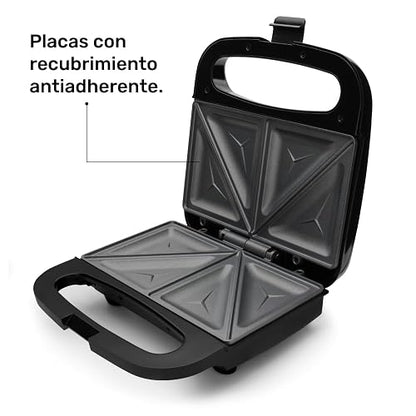 TAURUS COSMOS | Sandwichera antiadherente | Práctica y compacta | 2 sandwiches | 750 W | Indicadores luminosos de encendido y apagado | Seguro de cierre | Enrolla cable | Negro