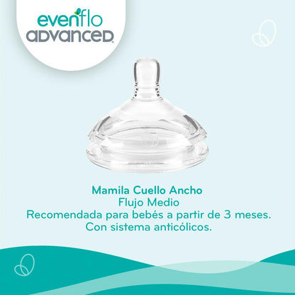 Evenflo Advanced Biberones Anticólicos Cuello Ancho, Azul y Teal, Flujo Medio, 270ml, Silicón Libre de BPA, Sistema Doble Válvula, 2 Piezas