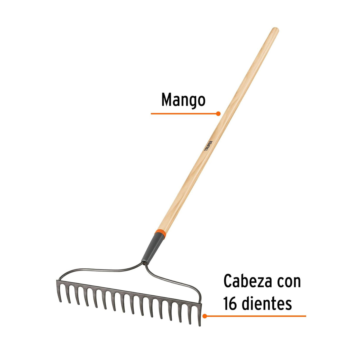 Truper R-16AM, Rastrillo jardinero Classic, 16 dientes, mango 54"