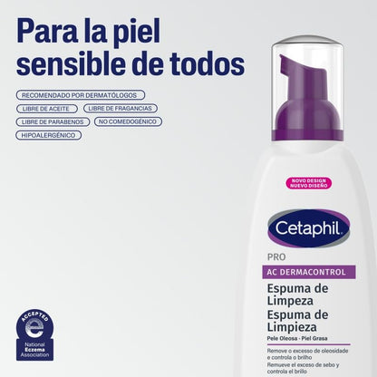 Cetaphil Pro AC Dermacontrol Espuma Facial Piel Tendencia al Acné 236ml | Con gluconato de zinc, limpia impurezas y exceso de grasa sin resecar; ayuda a equilibrar sebo, brillo y pH con efecto mate.