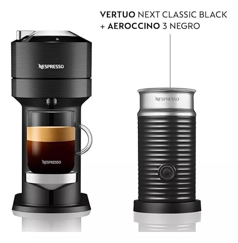 Nespresso Cafetera Vertuo Next Negro con Espumador + 12 Cápsulas | Incluye 12 Cápsulas de regalo y Espumador de leche