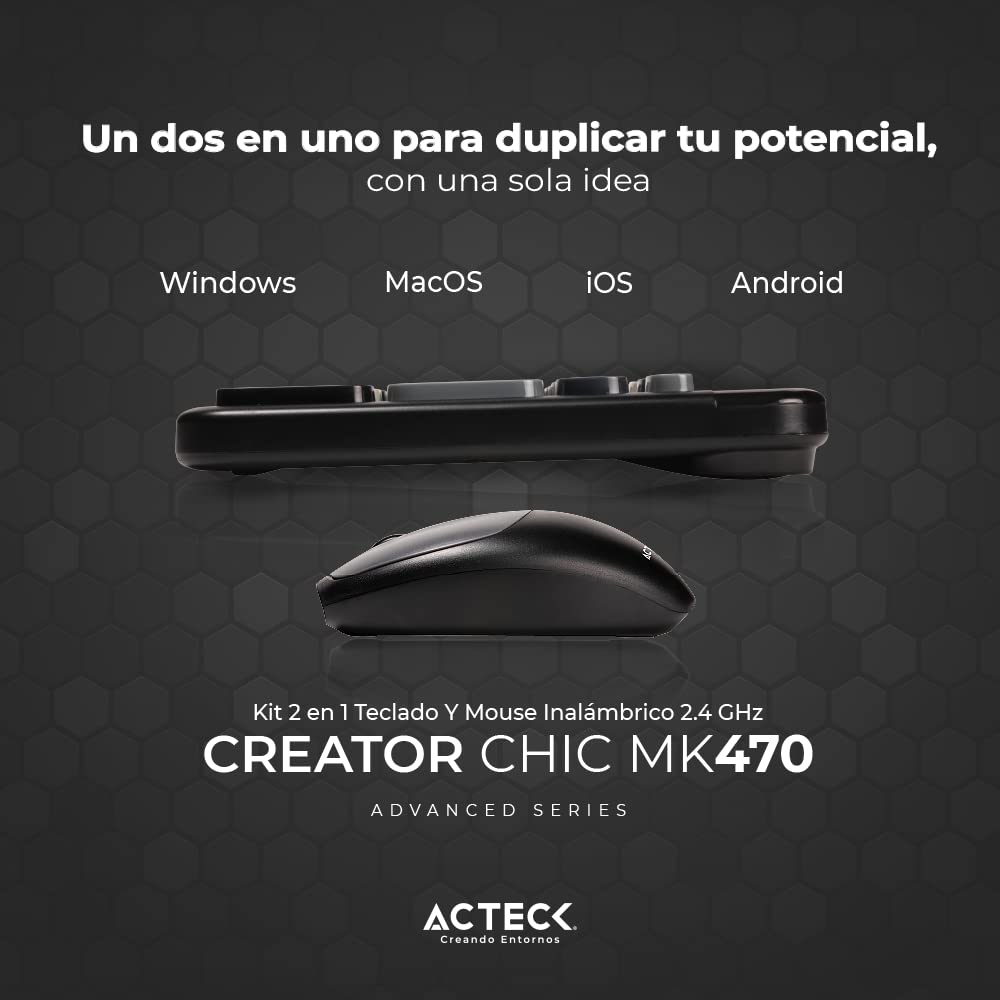 Creator Chic Colors MK470, Combo Teclado y Mouse Inalámbrico, Diseño Vanguardista, Teclado 100% con Teclas de Membrana, Mouse Ergonómico 1600 dpi, 2.4 MHz, Incluye Baterías AAA y AA (Negro)