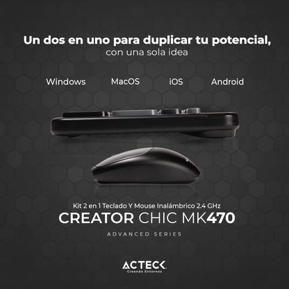 Creator Chic Colors MK470, Combo Teclado y Mouse Inalámbrico, Diseño Vanguardista, Teclado 100% con Teclas de Membrana, Mouse Ergonómico 1600 dpi, 2.4 MHz, Incluye Baterías AAA y AA (Negro)