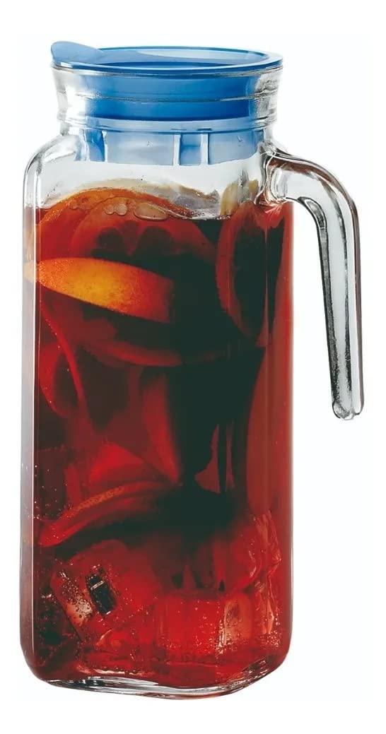 Borgonovo - JIgloo Quadra | Jarra vidrio con tapa 1L | Anti goteo | Tapa azul y asa | Cristalería Italiana para bebidas frías y calientes | Ideal para Refrigerador (Aqcua)