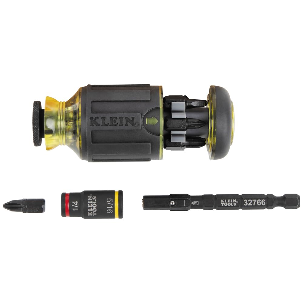 Klein Tools 32308F Juego de destornilladores de impacto 10 en 1, juego de destornilladores rechonchos hexagonales, 7 bits, función de sujeción de puntas de 1/4 pulgadas, 10 piezas