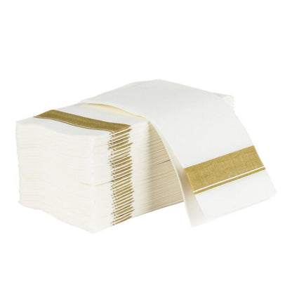 Blue Sky - Servilletas de papel para cena, estilo tela, paquete de 50 unidades, elegantes y de primera calidad, color blanco con borde dorado, perfectas para entretenimiento y ocasiones especiales