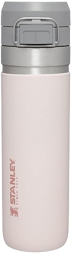 Stanley Quick Flip GO - Botella de agua de 24 onzas, tapa de botón a presión, a prueba de fugas y plegable para viajes y deportes, acero inoxidable aislado, sin BPA, cuarzo rosa