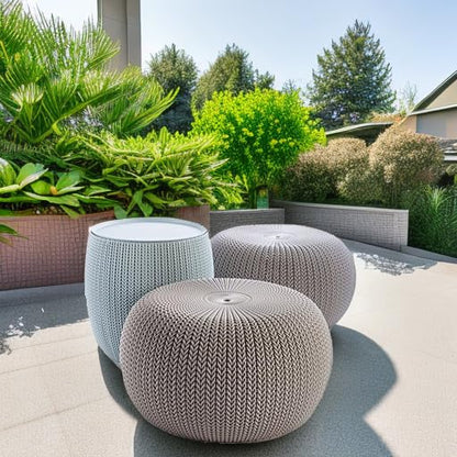 KETER Urban Knit - Juego de 2 puf otomano con Mesa de Almacenamiento para decoración de Patio y habitación, Perfecto para balcón, terraza y Asientos al Aire Libre