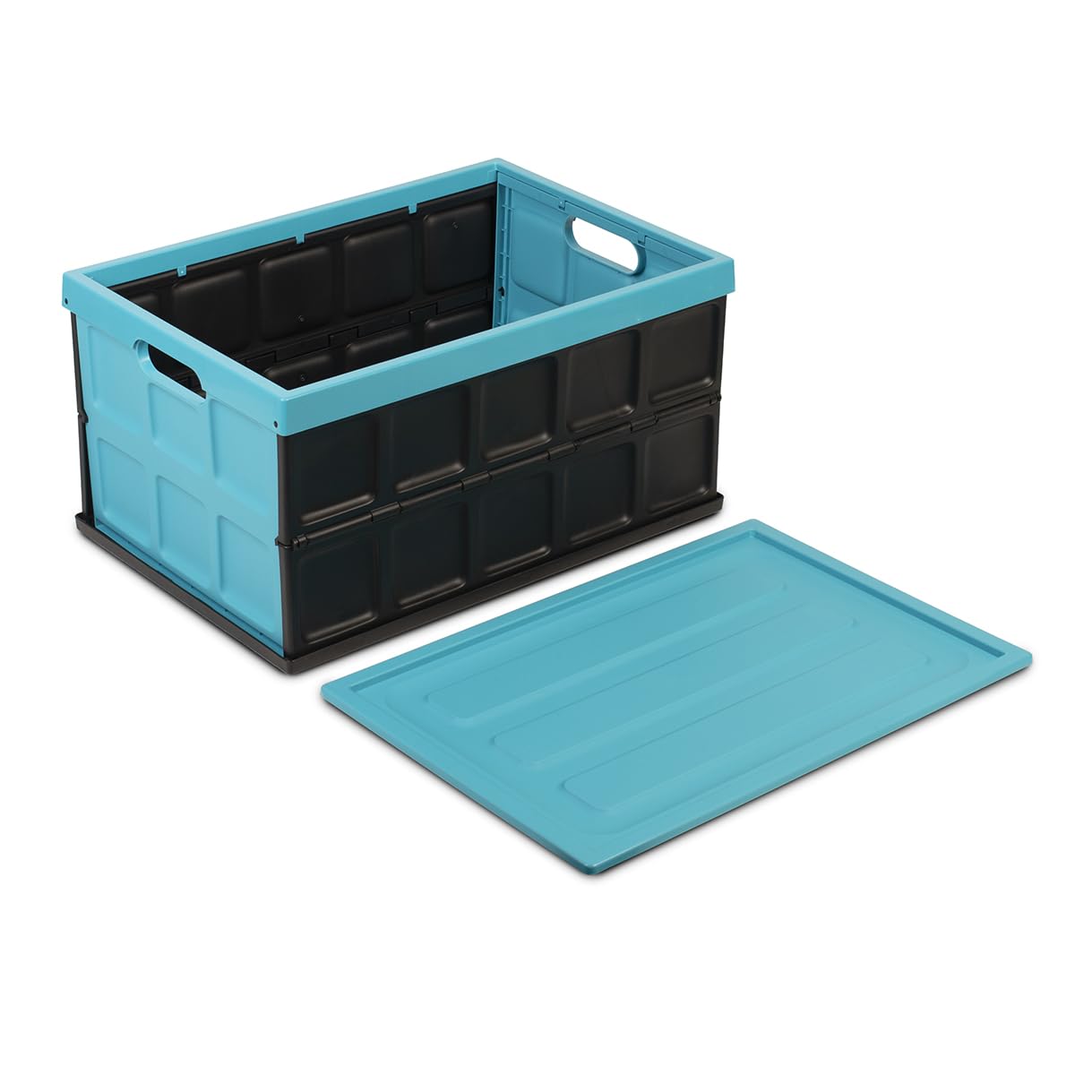 Glad - Contenedor plegable de almacenamiento con tapa, caja de plástico plegable de 48 litros para cochera, maletero y organización, contenedor apilable con tapa con asas, color turquesa