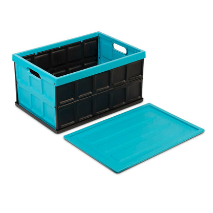 Glad - Contenedor plegable de almacenamiento con tapa, caja de plástico plegable de 48 litros para cochera, maletero y organización, contenedor apilable con tapa con asas, color turquesa
