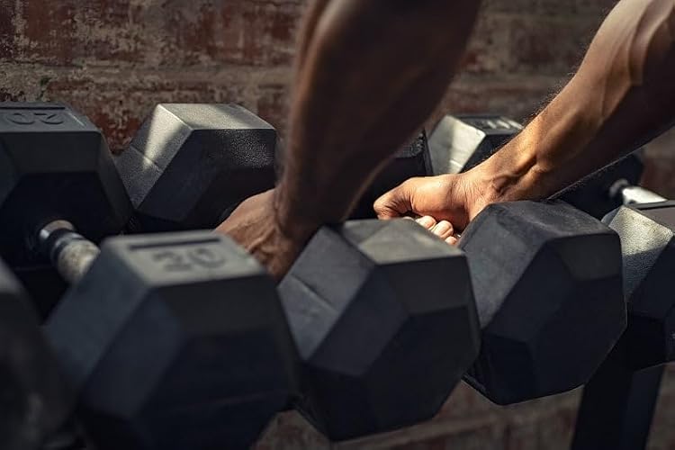 Signature Fitness - Mancuernas hexagonales con revestimiento de goma, pares o conjuntos, varios paquetes.