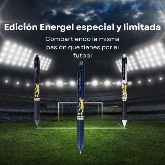Pentel EnerGel, Bolígrafo de Gel Retráctil/Pluma Recargable, Punta de Aguja 0.5 mm, Edición Especial Fútbol, Tinta Negra de Secado Rápido, Cuerpo Blanco, Paquete de 10 Piezas, BLN125FBW-A