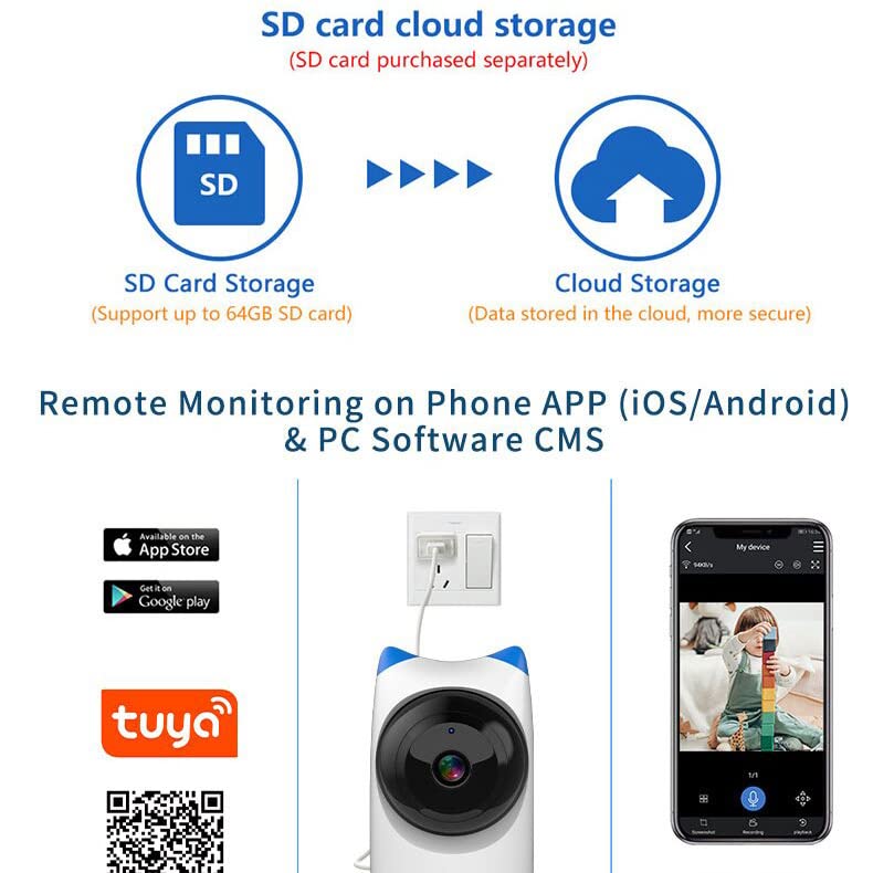Omibum Cámara WiFi de 2MP Seguridad Cámara de Vigilancia Interior, Audio Bidireccional, Control Remoto, Detección de Movimiento, Visión Nocturna (Azul-64G)