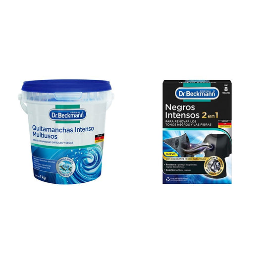 Dr. Beckmann, Quitamanchas Intenso Multiusos, en Polvo, para Ropa Blanca y Color, con Oxígeno Activo + Toallitas Negros Intensos, Renueva los Tonos Negros y las Fibras