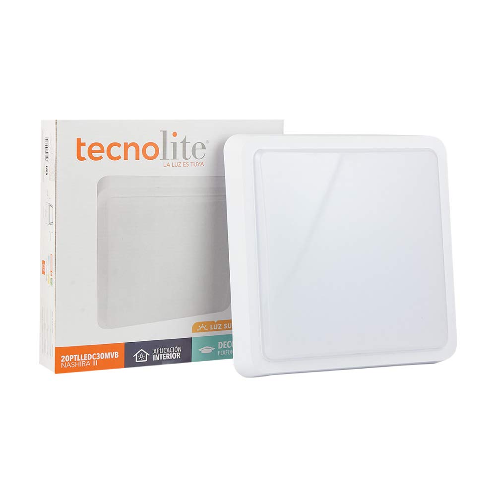 Tecnolite - Lámpara LED de Techo, Color Blanco, Luminario Cuadrado para Sobreponer, Luz Cálida Suave, 20 W