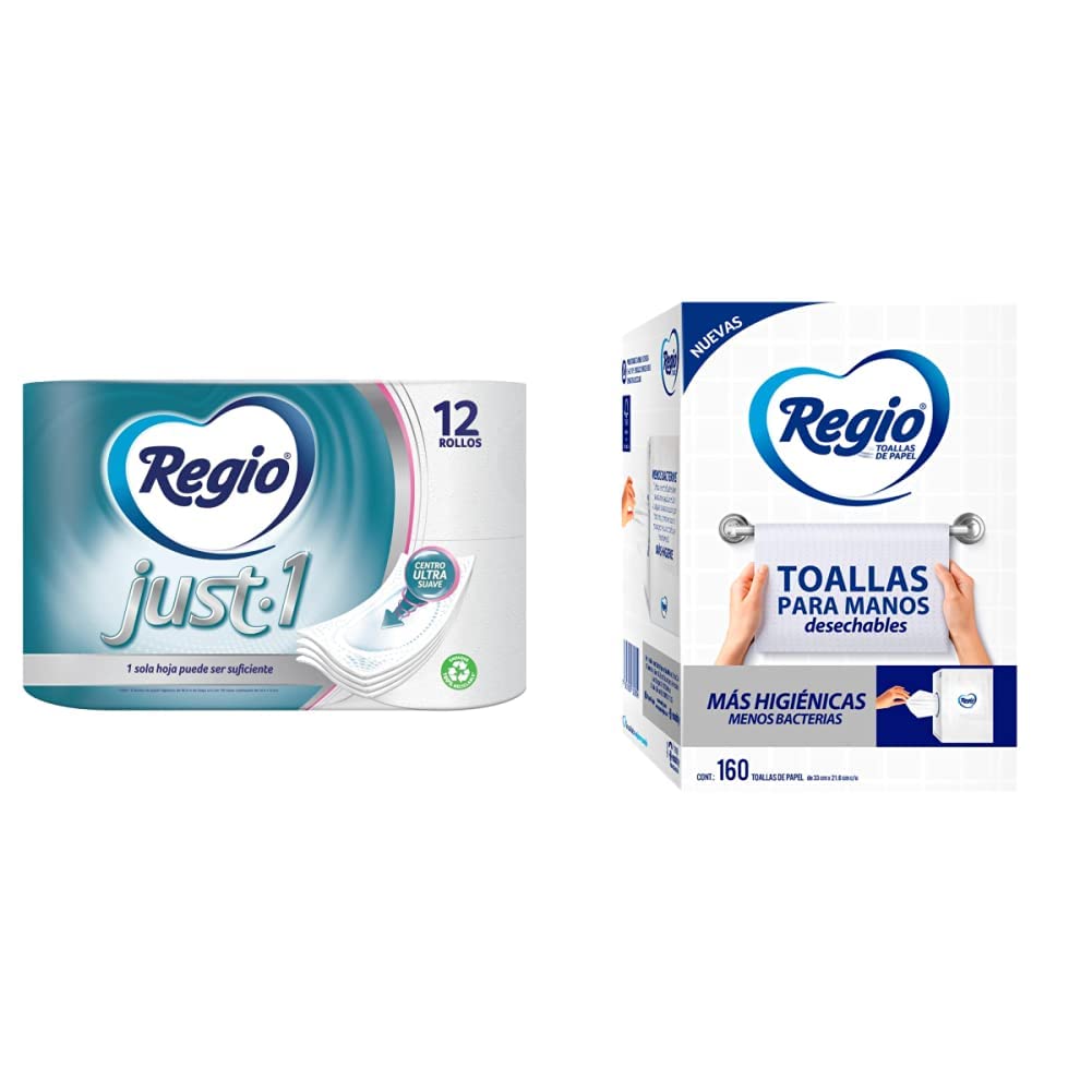 Papel Higiénico Just 1; Con Hojas Cuádruples 50% Mas Gruesas, Centro Suave; Marca Regio; 12 Rollos + Toallas Para Manos 1 Paquete 160 Hojas, color, 160 Cuenta, pack of/paquete de