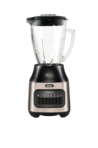 Oster Licuadora 800 W con Vaso de Vidrio de 1.5 L, 6 Velocidades + Pulso | Prepara bebidas, sopas, tritura hielo y muele granos, cuchilla de acero quirúrgico y acople metálico, botones, BLSTPEG-NPB