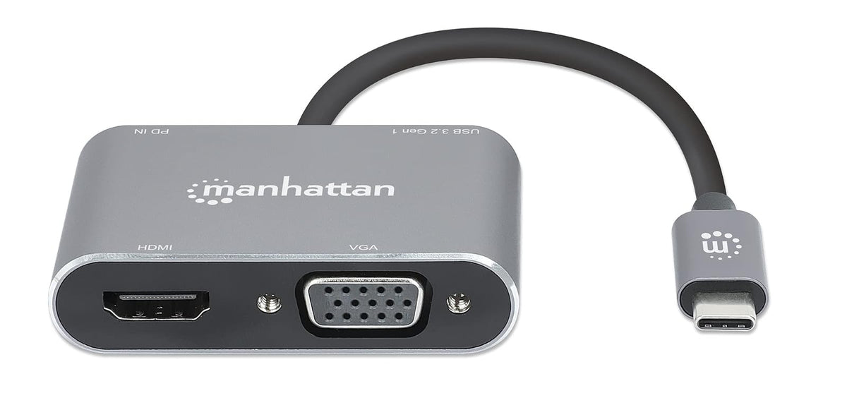 Adaptador USB C a HDMI 4K y VGA, Docking Station 4 en 1 con Puerto USB 3.0 y Carga PD 87W para MacBook Pro, Air, iPad, Laptop y Surface, Doble Salida de Video, Gris Espacial, Manhattan 130691