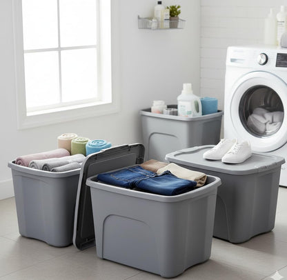 Italhome 3 Cajas Organizadoras de Plástico color Gris, Contenedores Multiusos con Tapa para Almacenamiento Box 87 L