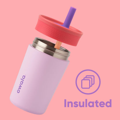 Owala - Vaso aislante de acero inoxidable para niños, con popote flexible resistente a derrames, fácil de limpiar, botella de agua para niños, ideal para viajes, apto para lavaplatos, 12 onzas, rosa y morado (cohete lila)