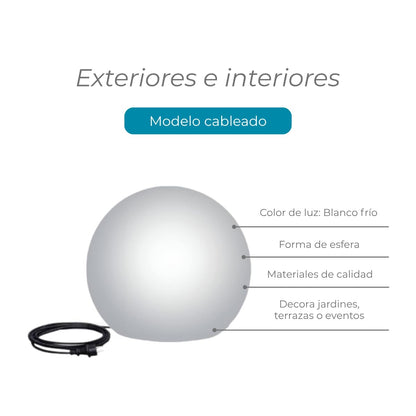 Lámpara en forma de esfera cableada de polietileno, iluminación exterior e interior con regulación IP65, para jardín o terraza. New Garden. Modelo Buly 40.