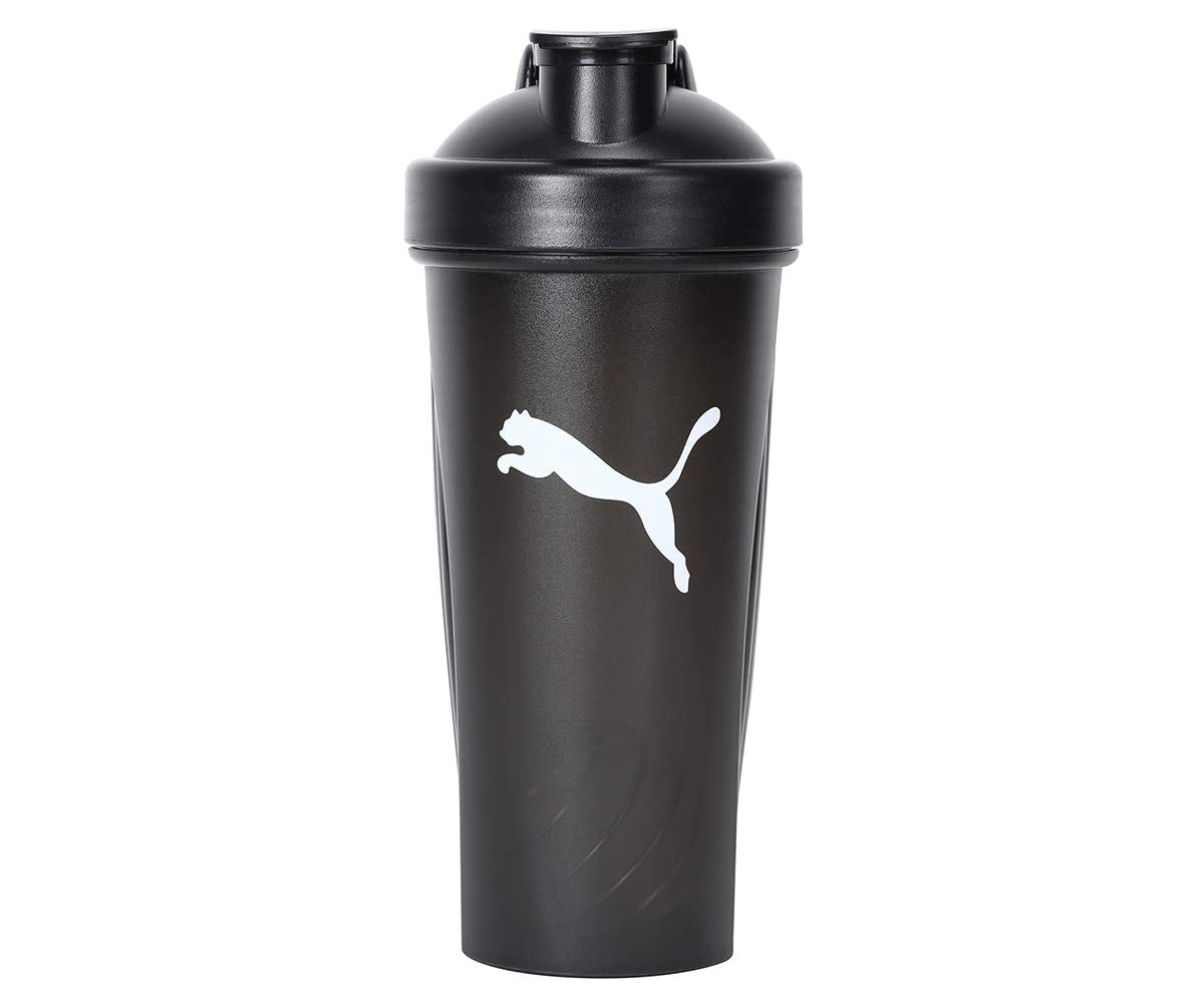 PUMA Botella Shaker, Termo Deportivo con Mezclador de Metal para Proteínas Boquilla Mediana Antiderrame con Área Rugosa para mejor Agarre Color Negro con Secciones Transparentes