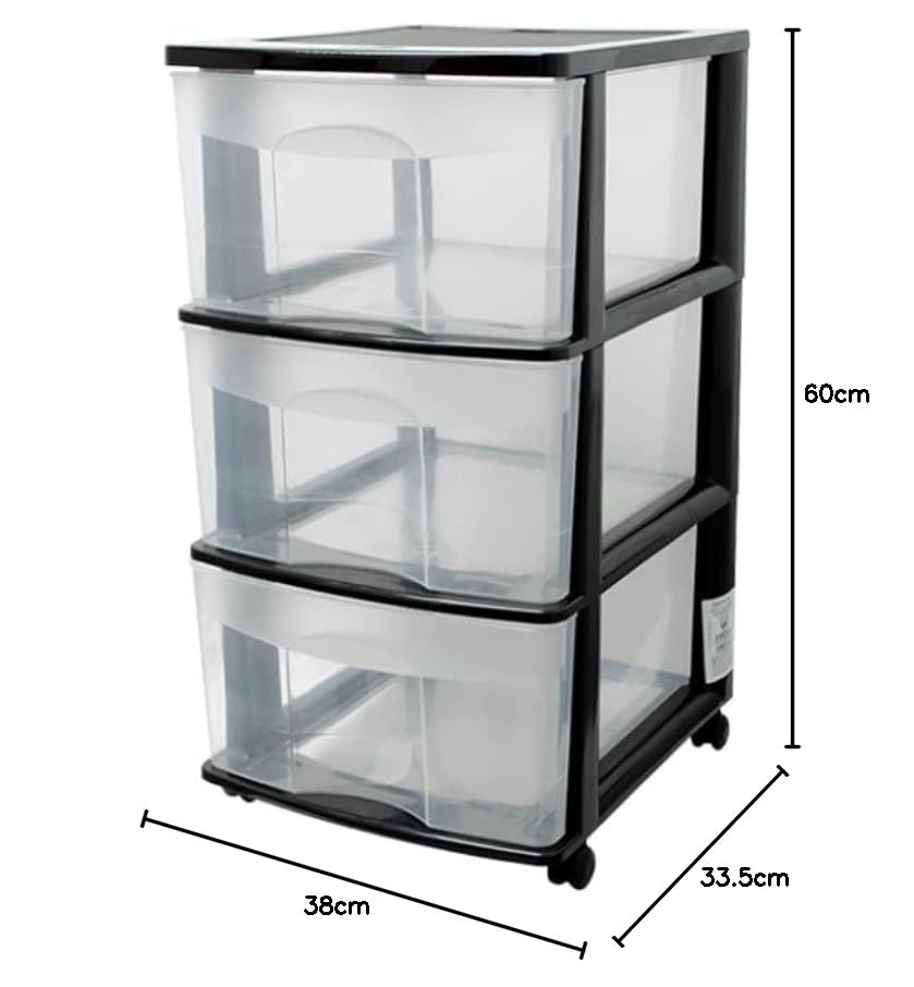 Italhome Cajonera FOX 3 de Plástico con Ruedas 3 Cajones Transparentes, Organizador Multiusos Móvil para Hogar y Oficina, Mueble Ligero Resistente, Color Negro