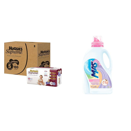 Huggies Supreme Pañal Desechable para Bebé, Etapa 5 Unisex, Caja con 180 Piezas + MAS Bebé - 4.65L Detergente Líquido para Ropa de Bebé (62 Cargas) Evita Irritaciones y Alergias en la Piel