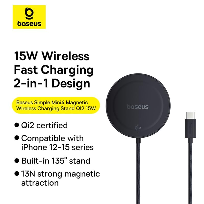 Baseus Cargador Inalámbrico Magsafe, Cargador Magnético de 15 W, Compatible con Función Magsafe, Carga Rápida 15W para iPhone 15/14/13/12 Series Cargadores por Inducción (Negro)