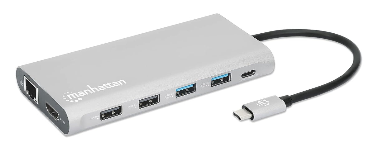 Manhattan Docking Station USB C para Triple Monitor HDMI 4K, Hub 12 en 1 con Ethernet, Carga PD 100W, USB-C de Datos y Lector SD para Laptop, MacBook, DELL, HP y Windows, Gris Espacial, 130660