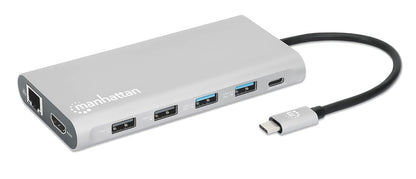 Manhattan Docking Station USB C para Triple Monitor HDMI 4K, Hub 12 en 1 con Ethernet, Carga PD 100W, USB-C de Datos y Lector SD para Laptop, MacBook, DELL, HP y Windows, Gris Espacial, 130660