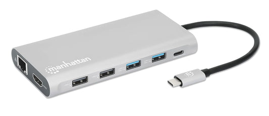 Manhattan Docking Station USB C para Triple Monitor HDMI 4K, Hub 12 en 1 con Ethernet, Carga PD 100W, USB-C de Datos y Lector SD para Laptop, MacBook, DELL, HP y Windows, Gris Espacial, 130660
