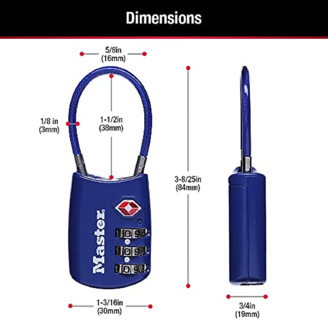 Master Lock Candado, configura tu propia combinación de cerraduras TSA para equipaje, cerradura de cierre de viaje con grillete de cable es de 1-3/16 pulgadas Los colores pueden variar, 4688T, 2