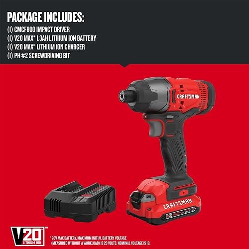 Craftsman Kit de Driver de Impacto 20V Máximo CMCF800C1 | 1/4 pulgadas, 2.800 RPM, luz LED de trabajo, batería y cargador incluidos