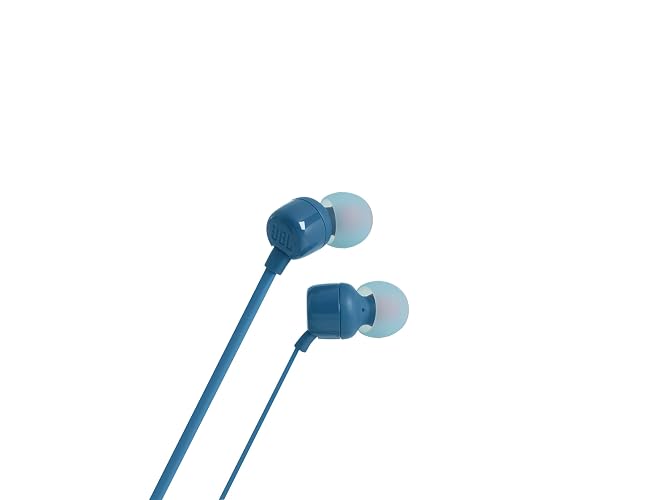 JBL Tune 110 - Auriculares intrauditivos de Sonido de Graves Puro, Control Remoto de 1 botón, micrófono y Cable Plano sin enredos (Azul)