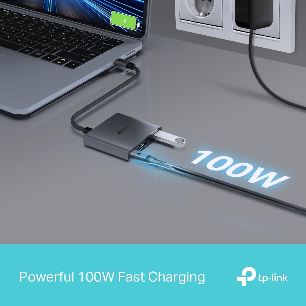 TP-Link USB Type-C 3 en 1 Hub (UH3020C) - 4K HDMI 60Hz, 100W PD de Carga, Puerto USB-A de 5Gbps, Enchufe y Uso, aleación de Aluminio, Cable Trenzado, Compatible con Windows, macOS, iPadOS, ChromeOS,