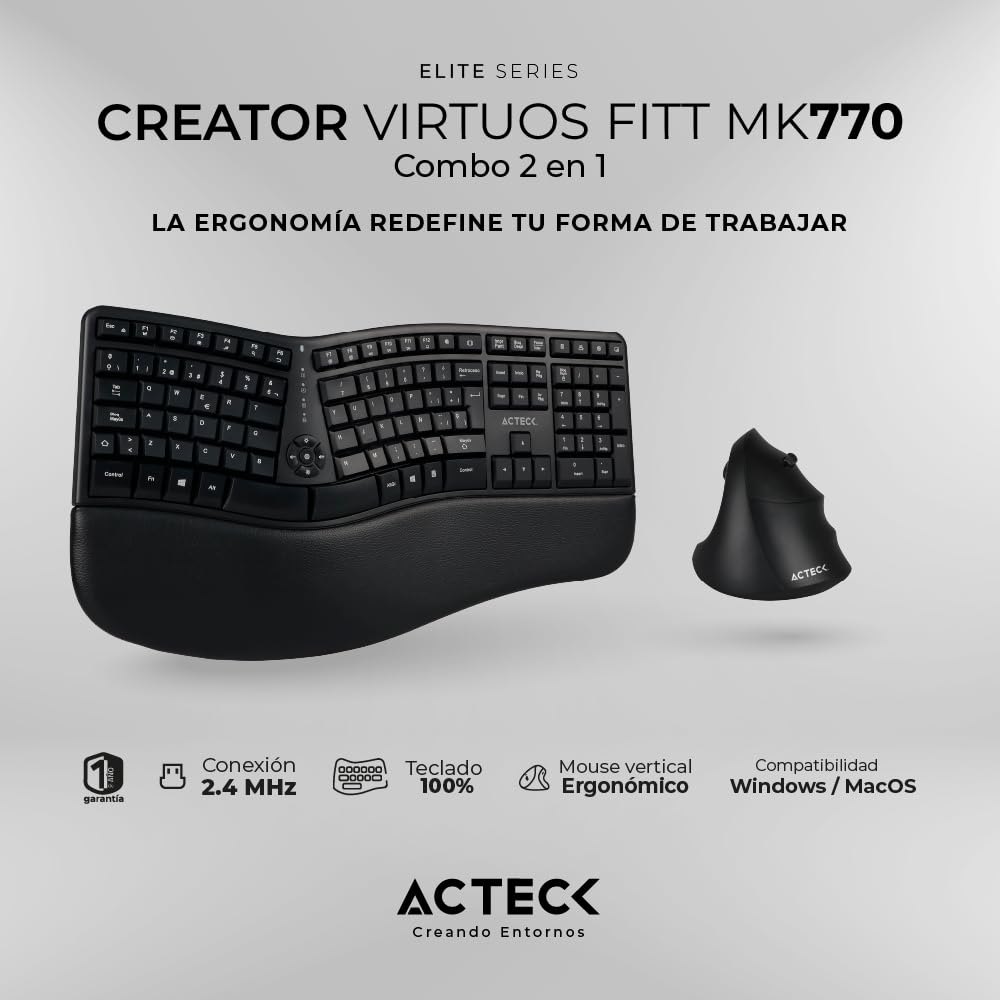 Acteck Kit Teclado y Mouse VIRTUOS Fitt MK770 Inalambrico USB-C Negro AC-936248
