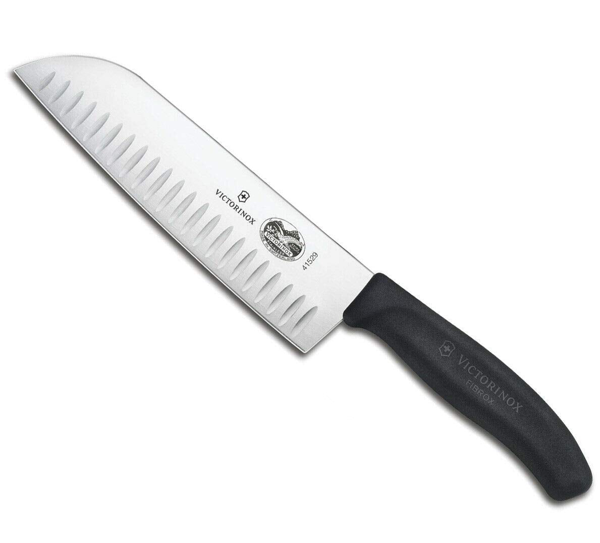 Victorinox 5.2523.17 Fibrox Pro Santoku Cuchillo para cortar de uso general, picar en dados, picar y todo lo demás entre hoja de borde estriado en negro, 6.7 pulgadas