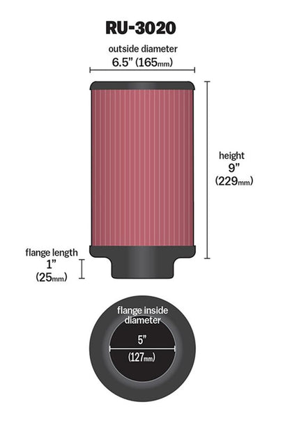 K&N Filtro de Aire Universal Flujo Original Rendimiento Premium Lavable Diámetro Brida 5 Pulgadas Altura 9 Pulgadas Rojo RU-3020
