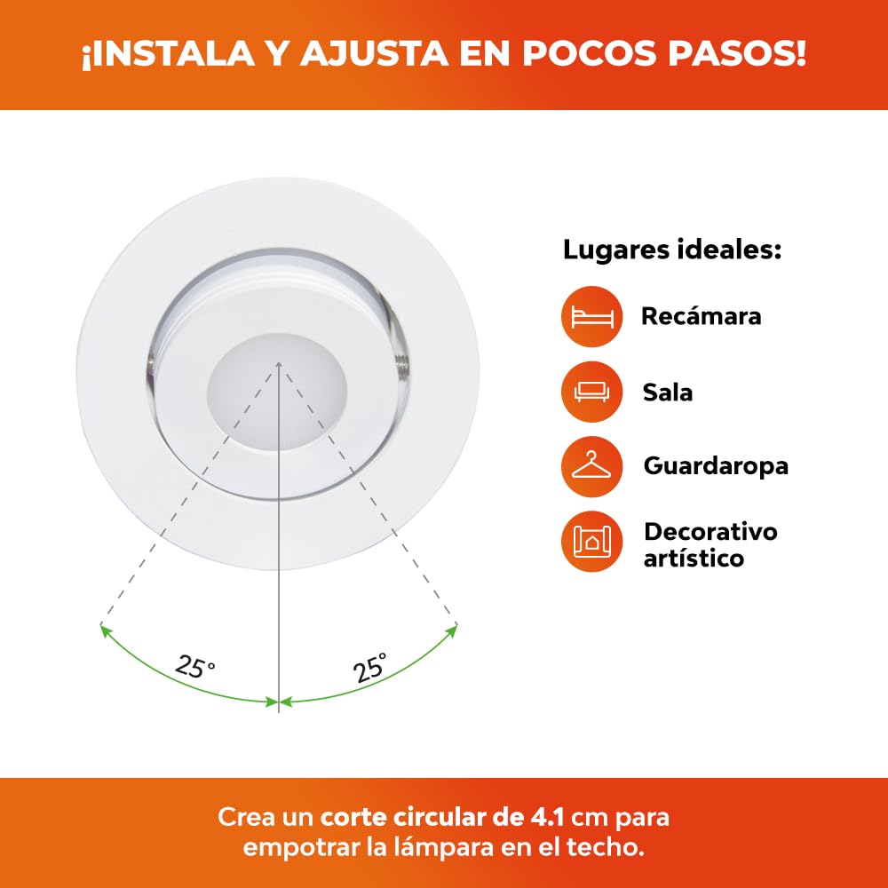 Tecnolite - Lámpara Downlight LED Empotrable Dirigible 3 W, Luz Suave Cálida, Atenuable, LED integrado