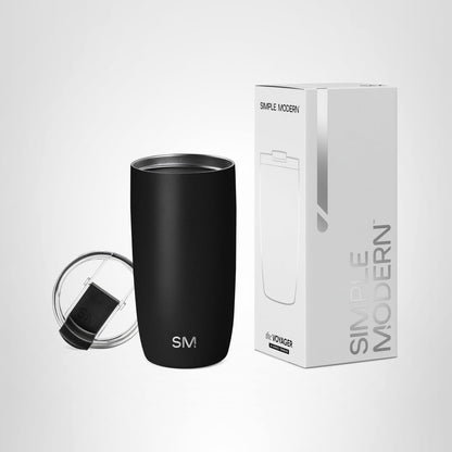 Simple Modern Voyager - Taza de Viaje con Tapa Abatible, Acero Inoxidable, Popotes Incluidos - 475ml - - Midnight Black